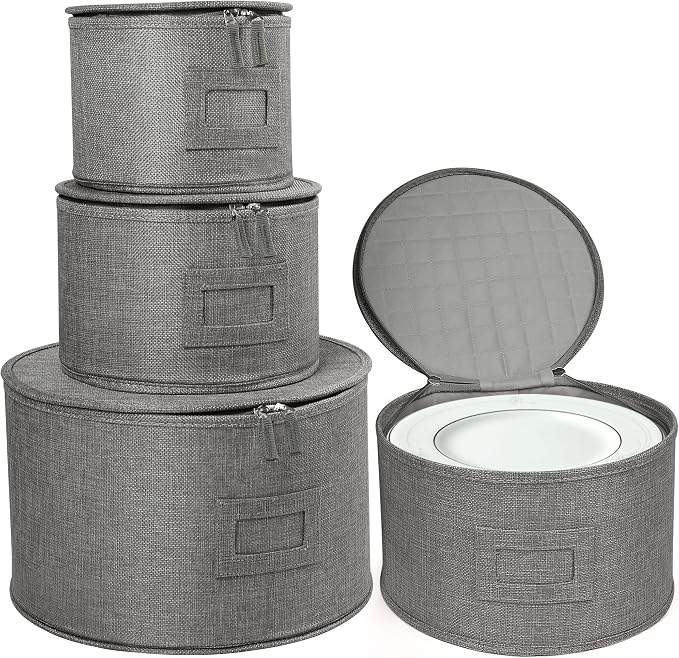 LotFancy China Storage Containers, Hard Shell, 4PCS Set, Dish Saucer Plate Storage Box for Moving, Stackable Dinnerware Organizer Bins with 48 Felt Dividers, Grey