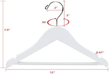 Quality 12” Kid's Wooden Hangers, 20 Pack Baby Hangers, Children's Coat Hangers with Pants Bar, Notches, Anti Rust 360 Swivel Hook for Coats, Suits, Jackets - Toddler Cloth Hanger Set (White, 20)