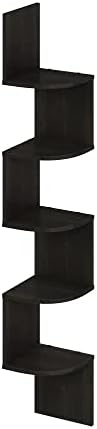 Furinno Rossi 5-Tier Black Floating Corner Shelf for Wall, Corner Zigzag Shelf Wall Mounted, Radial Wall Mount Shelves, 