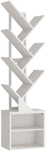 RALGEND Tree Bookshelf, 6 Tier Bookcase with 2 Storage Racks, Free Standing Wooden Bookcase, Floor Standing Book Shelf O