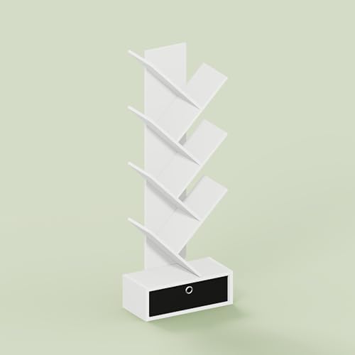 Ipoh Tree Book Shelf, 7-Tier Tree Bookcase, with Bottom Shelf & Bin Drawer, for Narrow Space, Books, CDs, Magazines, Whi