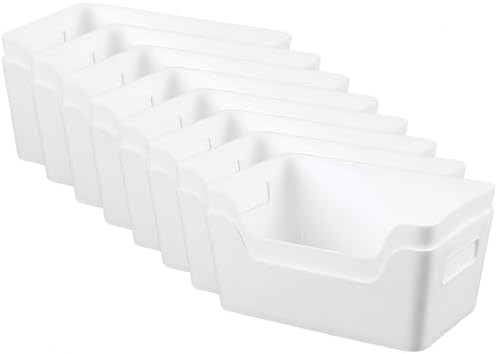 8 Pack Plastic Storage Bins with Handles, 6.5x9.5x4 Inch White Scoop Front