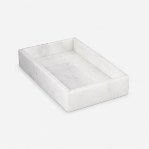 Bey-Berk Atticus White Marble Shallow Towel Tray, 1.125 in Interior Depth, Decorative Vanity or Guest Towel Holder