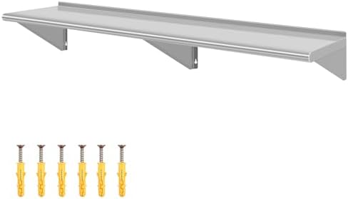 12" D x 60" W Stainless Steel Wall Mounted Shelves, Floating Shelving with Brackets, Commercial Shelf Perfect for Restau
