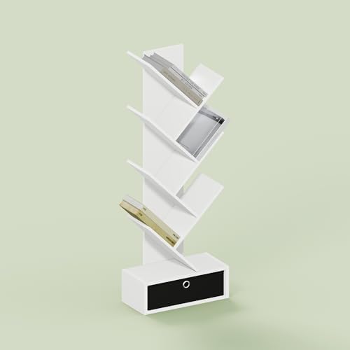 Ipoh Tree Book Shelf, 7-Tier Tree Bookcase, with Bottom Shelf & Bin Drawer, for Narrow Space, Books, CDs, Magazines, Whi