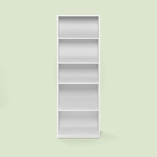 Hagen 5-Tier Bookshelf, 71 Inch Tall Bookcase, with Adjustable Shelves, for Living Room, Home Office, Study, White