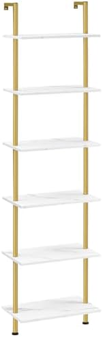 HOOBRO DIY Ladder Shelf, 6-Tier Wooden Wall Mounted Bookshelf, Narrow Gold Bookcase, Display Shelf, Storage Rack, Plant 