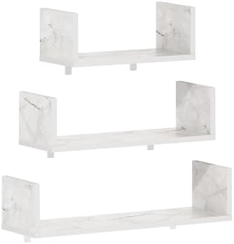 Furinno Rossi Bedroom Decor Wall Mounted Floating Display Shelves with Invisible Brackets, Set of 3, Marble White