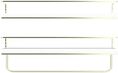 Shario White Floating Shelves - Set of 2, Wall Mounted Hanging Shelves with Golden Towel Rack, Decorative Storage Shelve