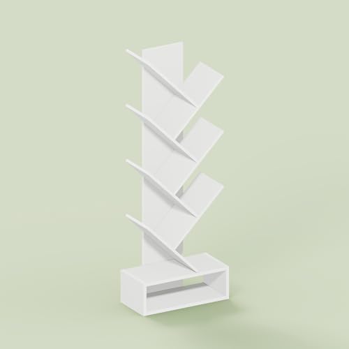 Ipoh Tree Book Shelf, 7-Tier Tree Bookcase, with Bottom Shelf, for Narrow Space, Books, CDs, Magazines, White