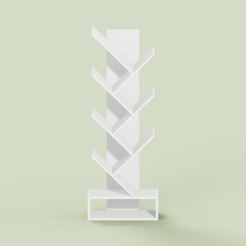 Ipoh Tree Book Shelf, 7-Tier Tree Bookcase, with Bottom Shelf, for Narrow Space, Books, CDs, Magazines, White