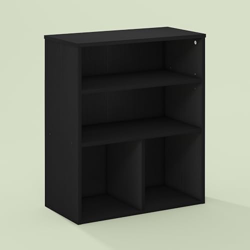 Frei Bookcases, Bookshelf, 4 Cube Display Bookcase, with Adjustable Shelves, for Home Office, Living Room, Black Oak