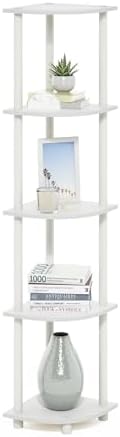 Furinno Turn-N-Tube Toolless Assembly Corner Shelf, 5-Tier White Corner Bookshelf, Open Storage Shelves, for Organizatio