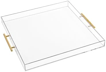 Extra Large Clear Acrylic Serving Tray (18×18 Inches) with Gold Handles Spill Proof Acrylic Over Size Big Decorative Tra