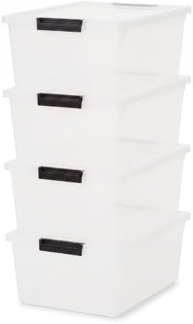 IRIS USA 4-Pack 12 Qt Storage Bins with Lids, Plastic Box, Clear/Black