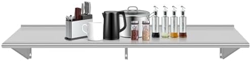 14" D x 60" W Stainless Steel Wall Mounted Shelves, Floating Shelving with Brackets, Commercial Shelf Perfect for Restau