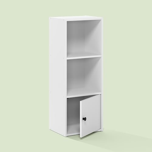 Hagen 3-Tier Bookshelf, 32 Inch Tall Bookcase with Open Shelves and Door, for Living Room, Home Office, White