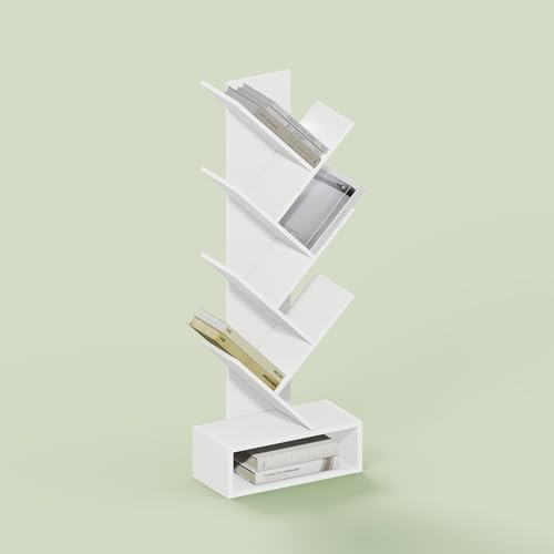 Ipoh Tree Book Shelf, 7-Tier Tree Bookcase, with Bottom Shelf, for Narrow Space, Books, CDs, Magazines, White