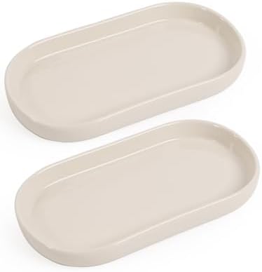 INGOFIN 7" Ceramic Bathroom Vanity Tray Set- 2 Pcs Bathroom Organizer Countertop Tray for Perfume, Jewelry, Small Kitche
