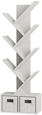 Vagusicc 6 Tier Tree Bookshelf with 2 Storage Cabinets, Tall Display Shelf Organizer for Books, Magazines, Home Decor, N