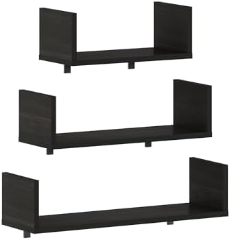 Furinno Rossi Bedroom Decor Wall Mounted Floating Display Shelves with Invisible Brackets, Set of 3, Espresso
