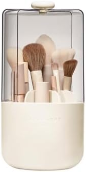 EACHY Makeup Brush Holder with Lid, Rotating Makeup Brush Organizer, Beige