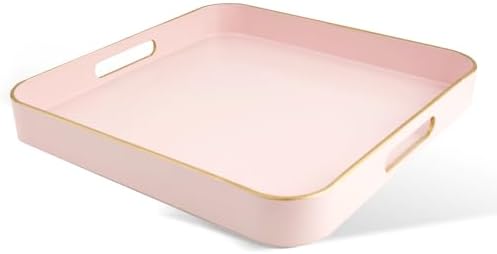 Gifturbo Pink Square Decorative Tray,Serving Tray with Handles with Gold Trimming Plastic Coffee Table Tray for Ottoman,