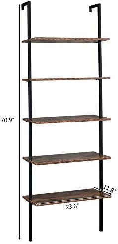 5 Tier Industrial Wall Mounted Bookshelf,Modern Ladder Bookcase Storage Organizer,Open Display Storage Rack,Plant Flower