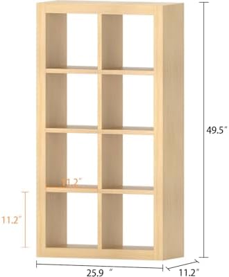 furtble Bookshelf with Storage Bins, 8-Cube Storage Organizer, Modern Wood Open Bookcase, Multifunctional Display Shelf 