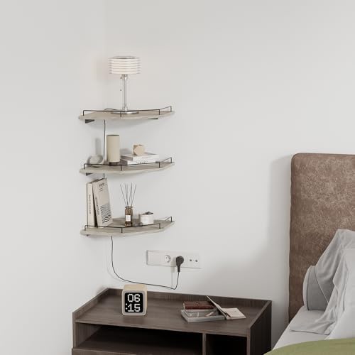 JJL Corner Shelf Wall Mounted, 12 Inches 3-Tier Floating Corner Shelf, Hexagon Rustic Wood Decor with Fence, Gray Wood G