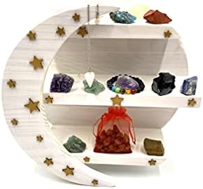 White Moon Shelf, Boho Knick Knack for Crystals, Wooden Bathroom Decor (White-Gold Stars)