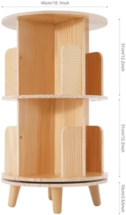 2 Tier Rotating Bookshelf with Legs, Small Corner Bookshelf Floor Standing Wooden Narrow Bookcase Organizer,Revolving Bo