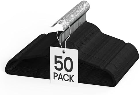 YSSOA Heavy Duty Velvet Hangers 50 Pack, 360° Swivel Hooks, Non-Slip Clothes Hangers with Shoulder Notches, Black