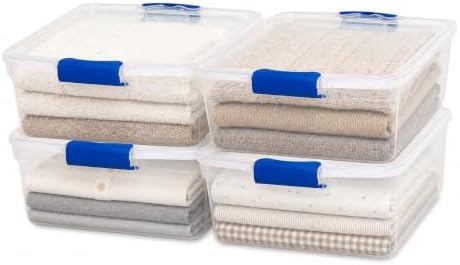 HOMZ Clear Plastic Storage Bins with Latching Lid, 15.5 Qt, Blue, 4 Pack