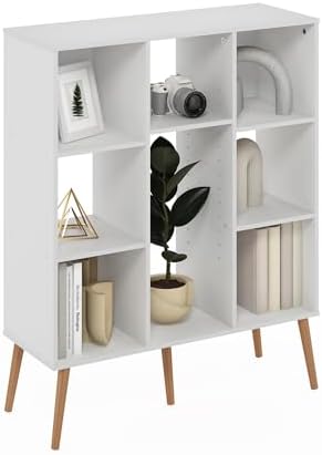 Furinno Claude Mid Century Style Book Shelf, 8-Cube Bookshelf, Cube Storage Organizer Bookcase with Wood Legs, 10.9 x 31