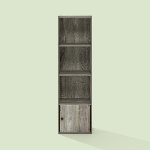 Hagen 4-Tier Bookshelf, 42 Inch Tall Bookcase with Open Shelves and Door, for Living Room, Home Office, Olive Oak