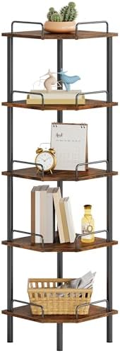 Tajsoon 5 Tier Corner Shelf Stand, Small Corner Table, Rustic Brown