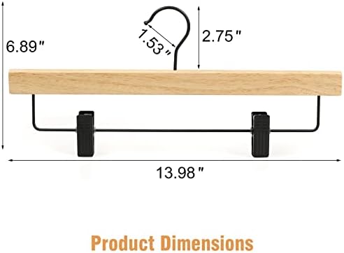 TOPIA HANGER Pants Hangers 10 Pack, Wooden Clothes Hangers with Black Clips and Rotatable Hook, Durable Natural Rubber Wood Hangers for Skirts, Pants, Jeans, Shorts - CTS02N