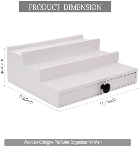 3 Tier Men's Cologne Organizer, White Wooden Display Stand with Drawer