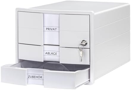 HAN IMPULS 2.0 Drawer Box Lockable with 3 Closed Drawers for DIN A4/C4 Including Labelling Labels, Document Box, Base with Pull-Out Lock, Furniture-Friendly Rubber Feet, 1018-12, White
