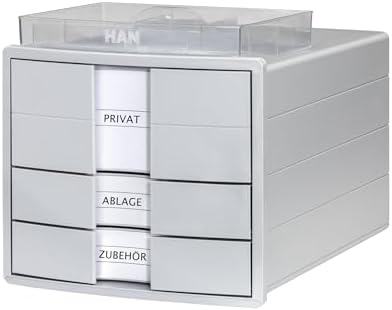 HAN IMPULS 2.0 Drawer Box with 3 Closed Drawers for DIN A4/C4 Including Labelling Labels, Document Box, Base with Pull-Out Lock, Furniture Friendly Rubber Feet, 1017-11, Light Grey