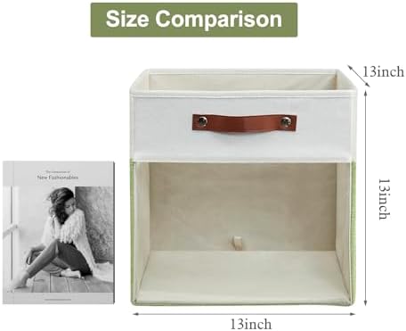 Bagnizer Storage Cubes, 4 Pack Linen Foldable Storage Bins (13 x 13 inch) with Clear Window and Handles, Fabric Organizer for Shelf Closet, Clothes, Books - (Green and White)