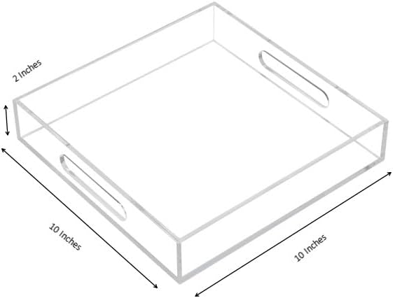 KEVLANG Clear Sturdy Acrylic Serving Tray with Handles - 10x10Inch - Coffee, Appetizer, Breakfast, Butler Tray - Kitchen Countertop & Vanity Table Organizer