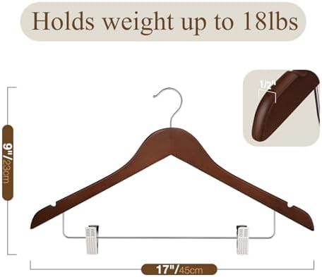 Wooden Hangers with Clips 24 Pack Wooden Pants Hangers,Skirt Hangers with Clips,Adjustable Heavy Duty Clip Hangers,Hangers for Pants,Jeans,Slacks,Shorts （Walunt）