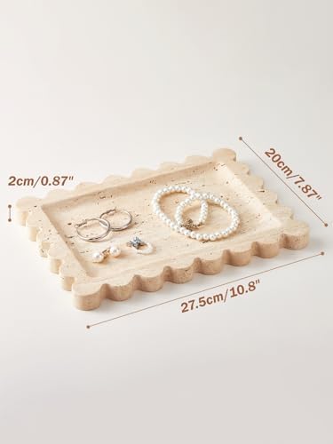 Denique Natural Travertine Tray with Scalloped Edge, 10.8x8 Rectangle Vanity Tray for Bathroom Kitchen Countertop, Beige