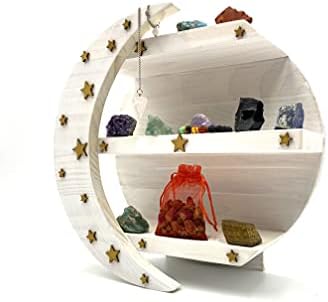 White Moon Shelf, Boho Knick Knack for Crystals, Wooden Bathroom Decor (White-Gold Stars)