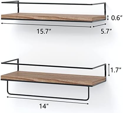 Shario Rustic Wood Floating Shelves - Set of 2, Wall Mounted Hanging Shelves with Black Towel Rack, Decorative Storage S