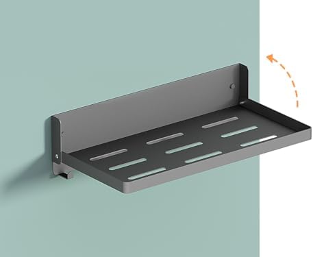 Small Folding Metal Shelf with Hooks, Fold-up Wall Shelf, 6 Hooks, Drop Down Floating Shelf for Laundry Room, Kitchen, R
