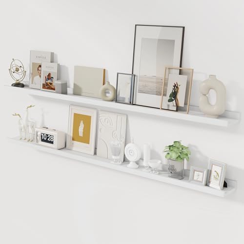 Acovy Solid Ash Wood Picture Ledge Shelf, Floating Shelves Set of 2, 56 Inch Long Large Ledge Shelves, Nursery Book Shelves Wall Mounted for Living Room Bedroom Kitchen Decor Kids Bookshelf, White