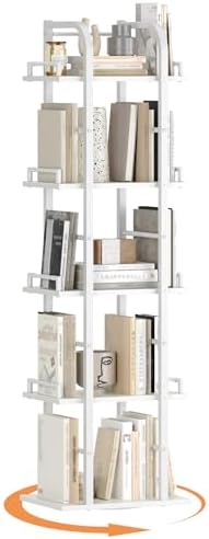 YATINEY 5 Tier Rotating Bookshelf, Freestanding Corner Bookshelf, 360 Spinning Bookcase Tower, Tall Industrial Style Org